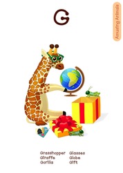 vector English Alphabet series of Amusing Animals. Cartoon illustration letter G. Grasshopper, Gift, Giraffe, Gorilla, Globe, Glasses. Clip art isolated on white background. EPS 10 without mesh