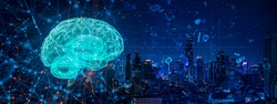 Concept of an Active Human Brain on a Dark Background.Blurry abstract 3d Rendering Abstract Background blue Network concept . Future backgroundTechnology concept.copy space.