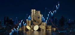 business finance,currency exchange,business investment and Finance concept.Financial stock market graph and rows of coins growth,Investment graph and rows growth of coins on night city background.