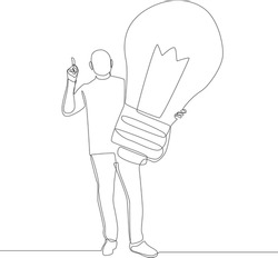 Single continuous line drawing of young student standing and holding the electric light bulb isolated on white background. Concept of finding brilliant ideas. one line draw design vector illustration.
