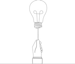 Single continuous line drawing of hands standing straight with electric light. Concept of finding brilliant ideas.  one line draw design vector illustration.