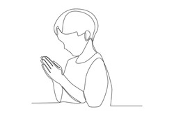 Continuous one line drawing little boy praying for world peace. Peace day concept. Single line draw design vector graphic illustration.
