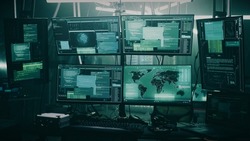 Pan around view of modern computer monitor with world map and various data located on desk in dark room of hacker base