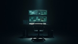 Concept shot of cyber criminal taking seat at table and starting to write malicious program on computer, in dark room for massive attack of corporate big data servers