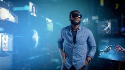 African American man in the cyberspace of the virtual world of the meta universe uses the interfaces of different applications.