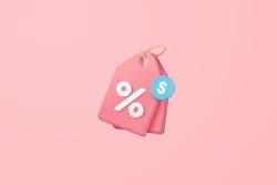 online shopping tag price 3d render vector, discount coupon of cash for future use. sales with an excellent offer 3d for shopping online, Special offer promotion on 3d price tags on pink background