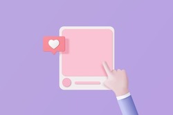 3D Social media online platform concept, online social communication on applications, Photo with with hand and love emoji icon, like and play in red bubble 3d icons. 3d vector render concept