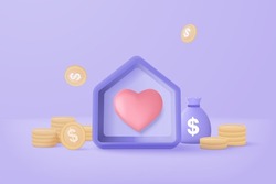 3D vector real estate and coin stack on pastel background. money saving to loan house, property concept of financial, money investment. Stack of coins and a tiny house bank on purple background