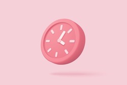 3d alarm clock on pastel pink background. Pink watch minimal design concept of time. 3d clock vector rendering in isolated pink background. 3d alarm for watch hour and minute