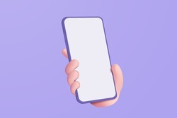 3D vector hand holding mobile phone isolated on pastel background, 3d Hand using smartphone with empty screen for mockup mobile concept. showcase 3d display minimal scene with device phone in hand