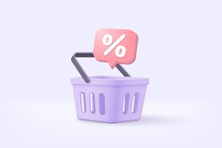 3d basket shopping with price tags for online shopping and supermarket concept. 3d basket products icon and promotion tag. Shopping bag for buy, sale, discount. 3d vector icon illustration