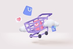 3D shopping cart with cloud for online shopping and digital marketing ideas. 3d basket shop cart and promotional labels on white background shopping bag buy sell discount 3d vector icon illustration