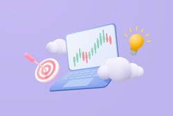 3D online trading with laptop on blue background. laptop 3d using funding graph on computer with arrow hit center and light bulb concept. 3d vector trading for business investment render illustration