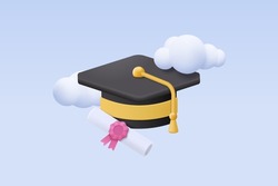 3D graduation of university, college for student concept. graduation hat and diploma cartoon style with sky cloud background. 3d vector education diploma for student study success render illustration