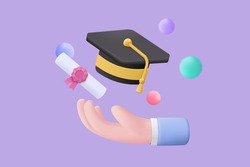 3D graduation of university, college for student concept. graduation hat and diploma cartoon style with bubble background. 3d vector education diploma for student study success render illustration