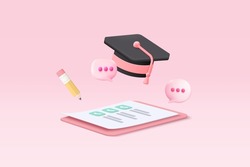 3D graduation of university, college for student concept. graduation hat and diploma cartoon style with clipboard check list. 3d vector education diploma for student study success render illustration