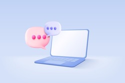 3D vector speech bubble with notebook for photo gallery platform, online social conversation comment concept, emoji message, speech icons, chat 3d with laptop. 3d speak render vector illustration