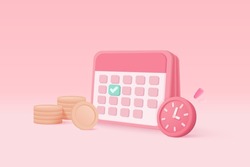 3d alarm clock with investing money to grow in time concept. Business investments earnings and financial savings, fast money, notification for quick loan. 3d calendar vector rendering illustration