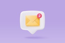 3d mail envelope icon with notification new message. Minimal 3d email letter with notification red bubble unread icon. message mailbox concept 3d icon vector render isolated pastel background