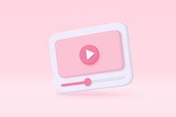 3d social media with live streaming and emotion on frame in pink background. Social media online playing video for make money passive income 3d concept. 3d play video icon vector render illustration