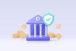 3d minimal bank deposit and withdrawal, transactions money service with secure, banking financial concept. bank building with money coin investment. 3d bankink vector icon render illustration