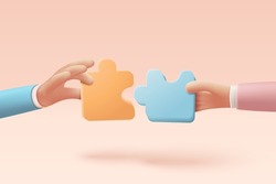 3D jigsaw puzzle pieces symbol of teamwork. Problem-solving, business challenge in 3d hand business connection jigsaw puzzle, partnership concept.  3d teamwork idea icon vector render illustration