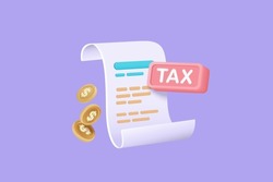 3d tax payment and business tax with money coin on clipboard checklist. Composition with financial annual accounting, calculating and paying invoice. 3d tax payment vector icon render illustration