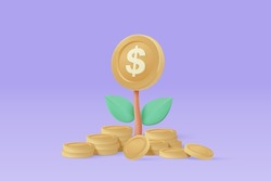 3d money tree plant with coin dollar. Business profit investment, finance education, earning income, business development concept. 3d money saving vector icon for banking render illustration