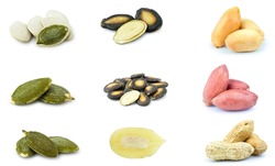 mix set collection seed almond, watermelon, pumpkin ,red bean,black bean ,prunes ,peanut ,date palm, cashew, soybean, currant,pistachio, isolated on white background