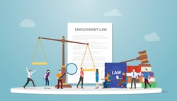 employment law concept with document paper and gavel scales and people employee with modern flat style