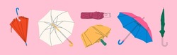 Set of different Umbrellas in various positions. Rainy collection. Open and folded  cartoon style umbrellas. Hand drawn colored flat Vector illustration. Design templates. All elements are isolated . 