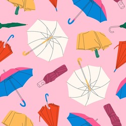 Set of different Umbrellas in various positions. Rainy collection. Open and folded  cartoon style umbrellas. Hand drawn colored flat Vector illustration. Design templates. Square seamless Pattern.