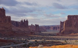 Wide landscape view of road through Arches National Park