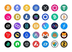 Cryptocurrency Coin Icons vector illustration. Crypto Logo graphics. Bitcoin, ethereum, Polkadot, luna, Solana, chainlink, Shiba inu, avax, dogecoin, aave, theta, icp, uni, Matic, Cardano, xrp, dash.