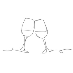 Continuous line drawing of two glasses of champagne. Minimalist black linear sketch isolated on white background. Vector illustration
