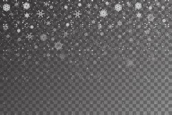 Christmas snow. Falling snowflakes on transparent background. Snowfall. Vector illustration, eps 10