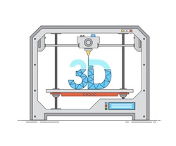 Modern thin linear icon of 3d printer. The printing process on the 3D printer. Modern technology 3d printing in outline flat style. Vector illustration for website or infographics.