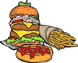 Fast food collection for tasty eating. Unhealthy junk snaks to take away for picnic outdoor. Hand drawn illustration for cafe, restaurant menu, poster or logo design. Cartoon style vector drawing.