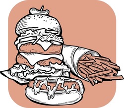 Fast food collection for tasty eating. Unhealthy junk snaks to take away for picnic outdoor. Hand drawn illustration for cafe, restaurant menu, poster or logo design. Cartoon style vector drawing.