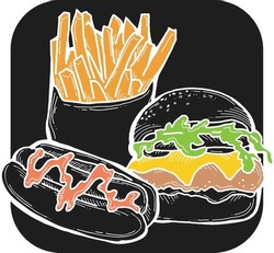 Fast food collection for tasty eating. Unhealthy junk snaks to take away for picnic outdoor. Hand drawn illustration for cafe, restaurant menu, poster or logo design. Chalkboard style vector drawing.