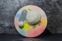 A pastel pink blue yellow round circle glitter holographic blob art work of microcosmos space sea life microbes with symmetrical dot pattern on a dark background with gradients and shapes