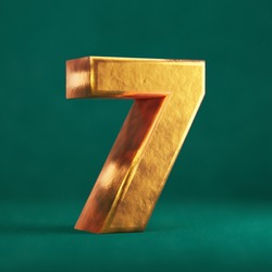 Fortuna Gold Number 7 on Tidewater Green background. Trend color font type symbol. 3d render.