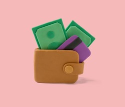 Cash and credit payment icon concept made with plasticine. Wallet with credit card and money. Online payment and money saving concept handmade with plasticine