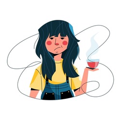 Sick, Cold, Unhappy girl. The Girl is sick and holding a cup of tea in her hand. Cartoon character. Vector illustration.  