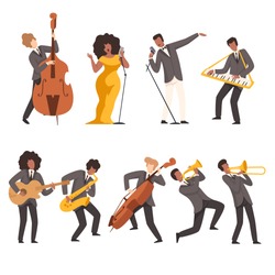 Jazz Band Group, Musicians Singing and Playing Trumpet, Keyboard, Saxophone, Trombone, Guitar, Double Bass, Vector Illustration