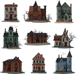 Scary Houses Collection, Halloween Haunted Mansions with Boarded Up Windows Vector Illustration on White Background