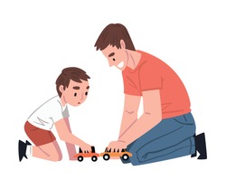 Dad and his Son Sitting on Floor Playing Toy Cars, Father and his Kid Having Good Time Together Cartoon Style Vector Illustration