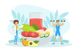 Healthy Nutrition and Dieting, Female Nutritionist Doctor Consulting Man, Weight Loss, Nutrition Consultation, Active Lifestyle Vector Illustration