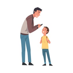Father and His Son, Young Man Calling Taxi Car or Using Mobile Taxi Call Application Vector Illustration