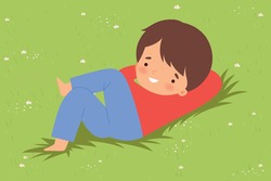 Cute Boy Lying Down on Green Lawn, Kid Lying on Grass Dreamily Looking into Sky Cartoon Vector Illustration